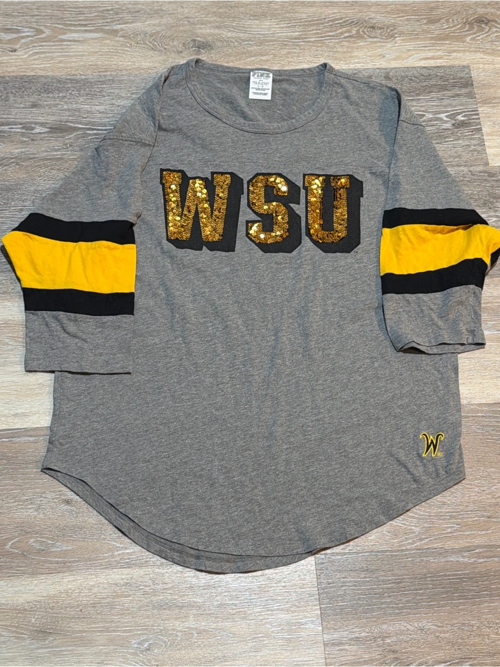 WSU women’s Gray Sequin Letter Football Tee with Gold Stripes
